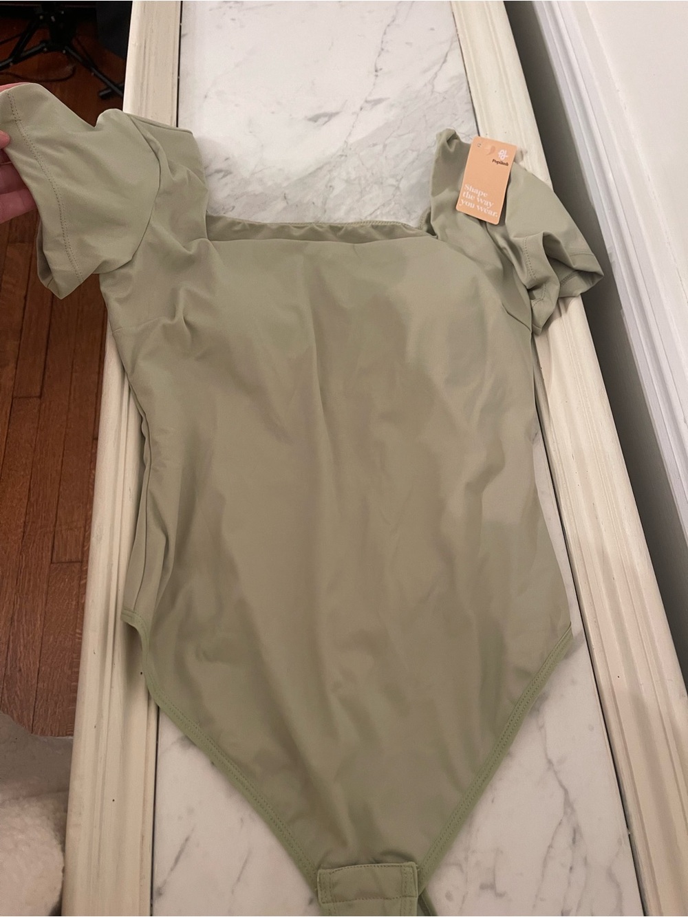 Pistachio Green Short Sleeve Square Neck Bodysuit Built in Bra